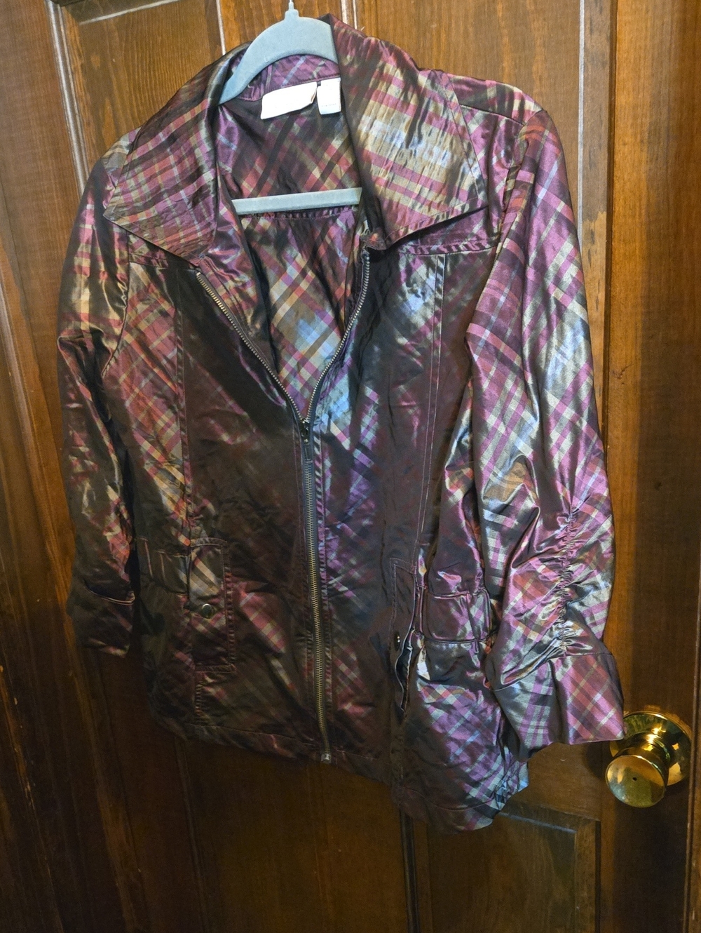 Chico's Purple Plaid Shiny Lightweight Trench Jacket